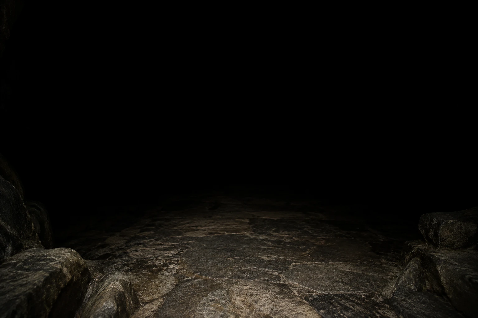 A dark stone passage, its worn, wet flagstones faintly lit in the foreground and fading into blackness ahead.