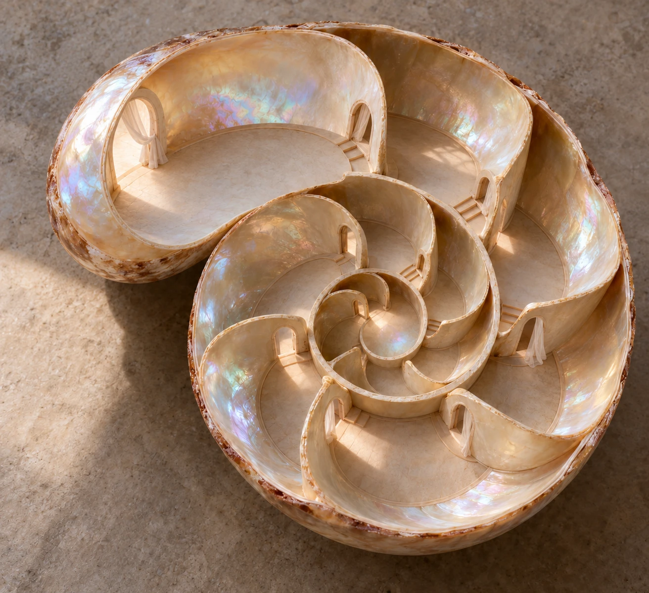 A pearlescent nautilus shell seen from above, its spiral chambers built as rooms with arched doorways and small staircases leading inward to the center.